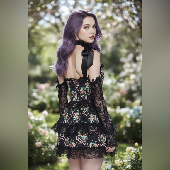 NWT Widow Bewitched Bloom Mini Dress w/ Petticoat Corset Satin Shoulder Ties - Picture 4 of 15